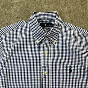 Ralph Lauren Seersucker Shirt Men M Blue White Check Slim Fit